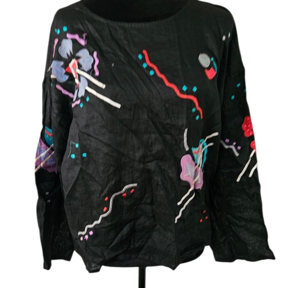 Vintage 80s Mercedes Adrienne 1985 Black Linen Abstract Top Size 8 Size M